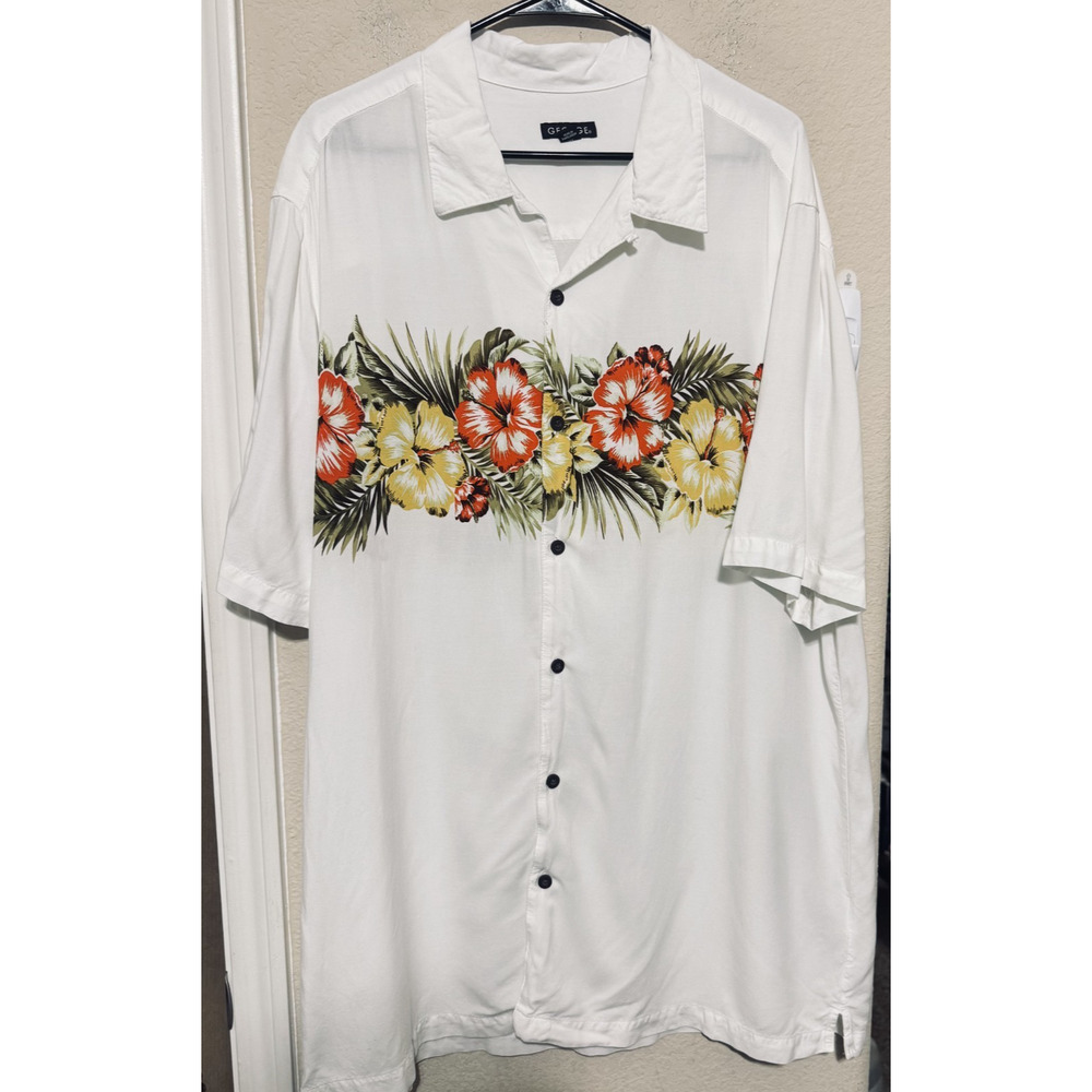 George Hawaiian Shirt Mens 2XLT Tropical Button Up White floral hibiscus Beach‎